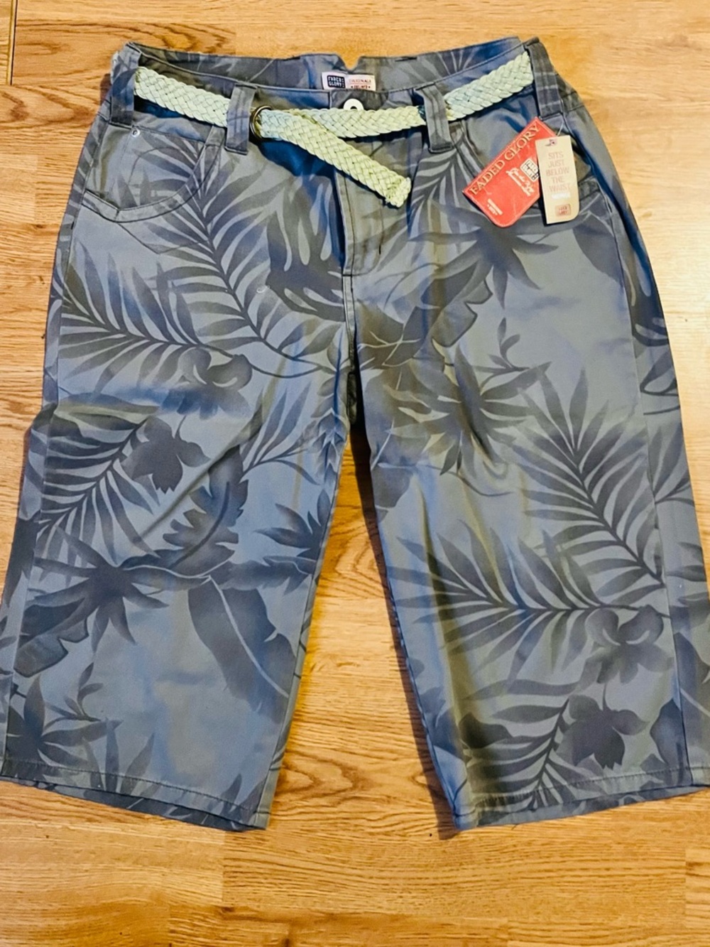 Faded Glory Blue Gray Tropical-Print Bermuda Shorts with Braided Belt